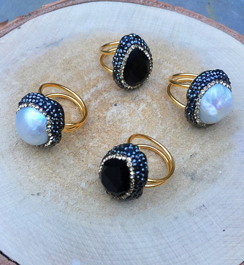 Jet Black and Pearl Statement Cocktail Rings. Beautiful Style Ring