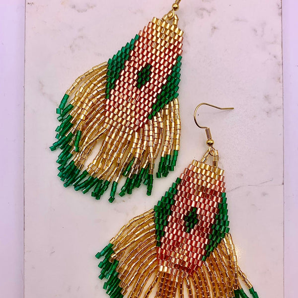 Seed Bead Green and Gold Drop Earrings