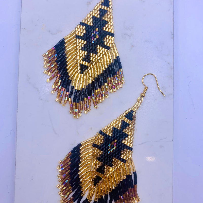 Seed Bead Black and Gold Drop Earrings