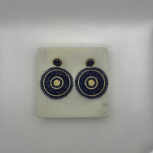 Seed Bead navy Blue and Gold Drop Earrings