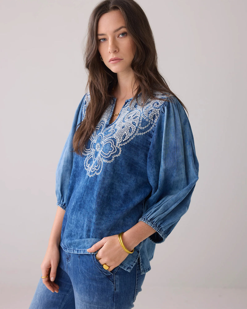 Summum Woman Denim Wash Embroidered Top