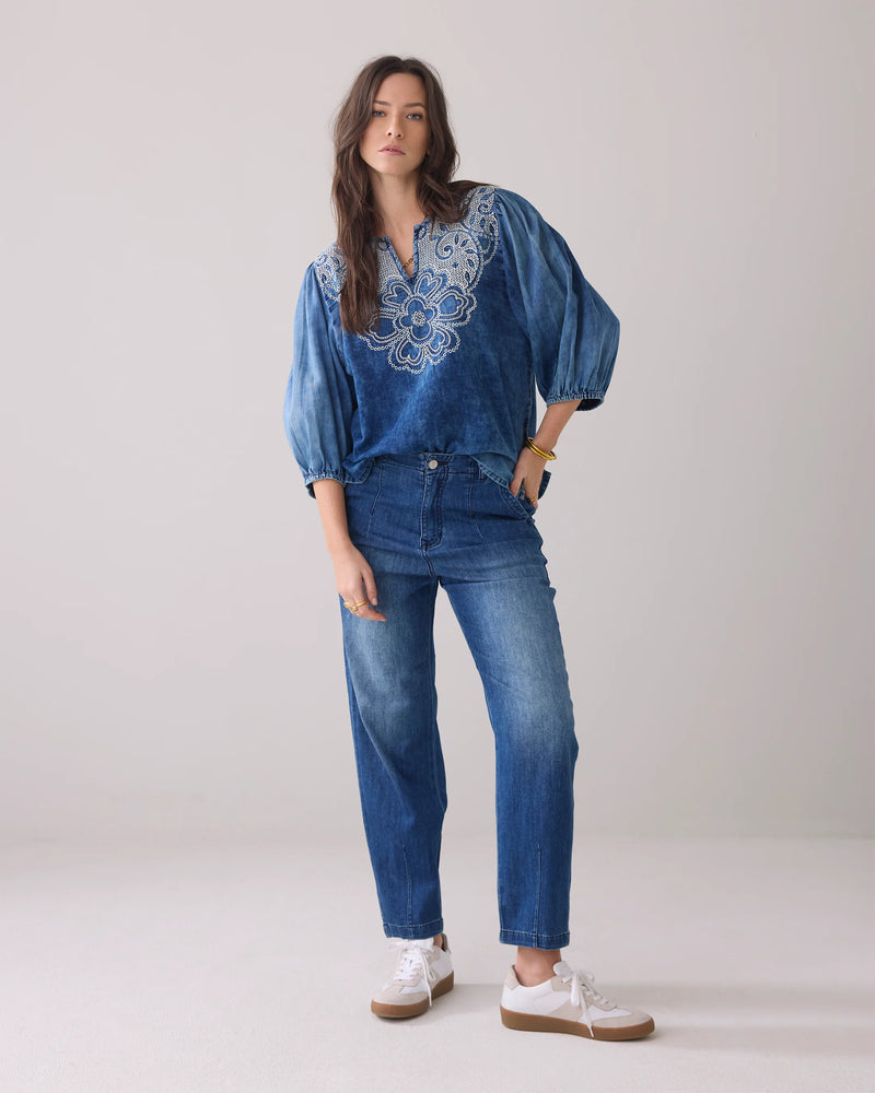 Summum Woman Denim Wash Embroidered Top