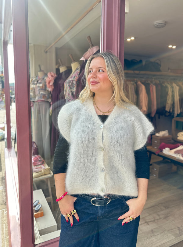 Kid Mohair Knit Sleeveless Cardigan (Ivory)