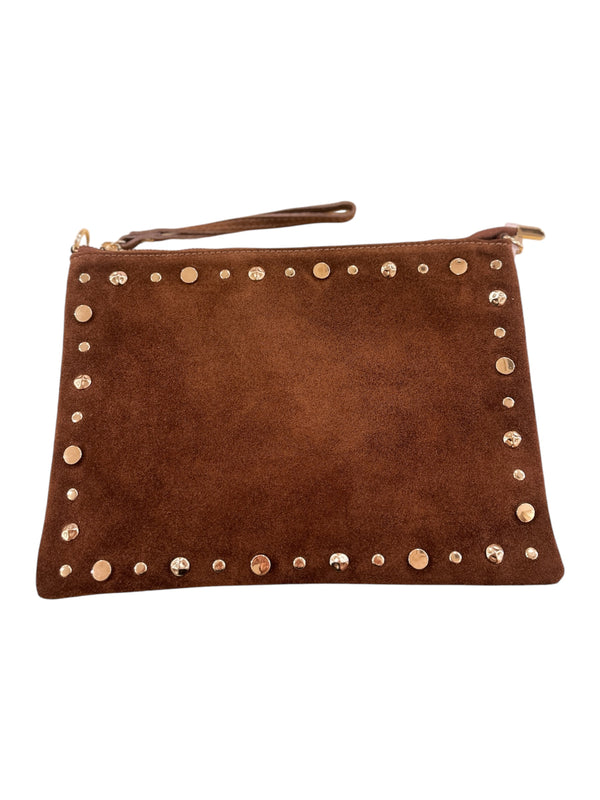 Brown Suede Studded Clutch Bag