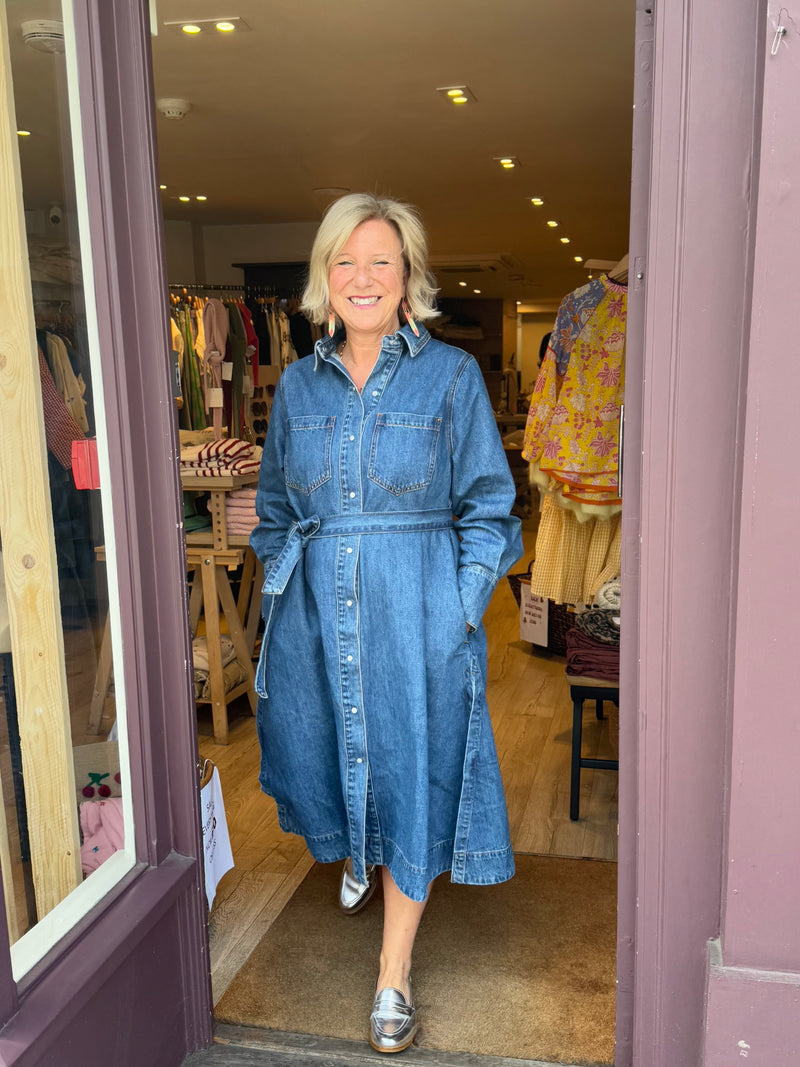 bohemian traders denim dress Drop Shoulder Denim Midi Dress In Mid Blue