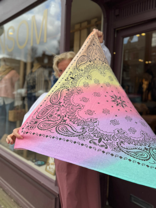 Elia Large Square Scarf (Psychedelic colour with Black Geometric print)