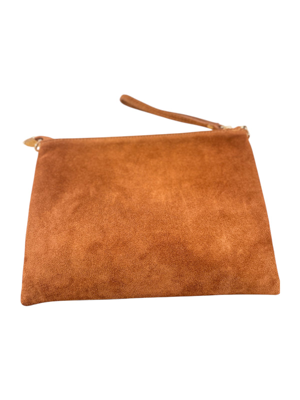 Tan Suede Studded Clutch Bag