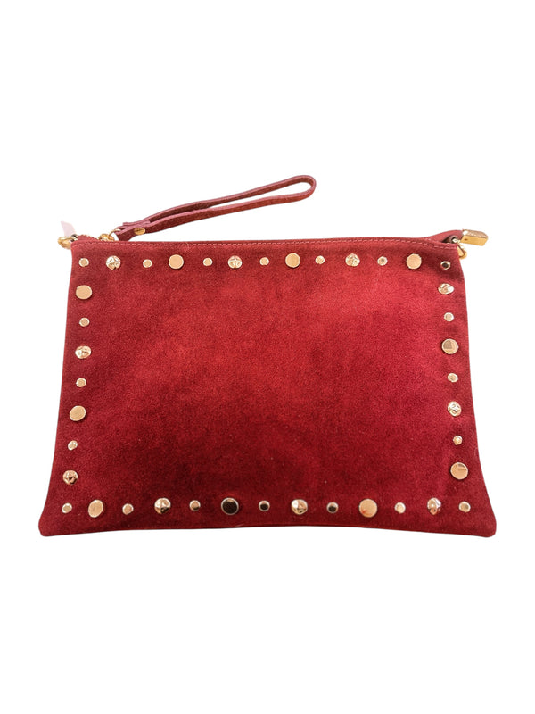 Dark Red Suede Studded Clutch bag
