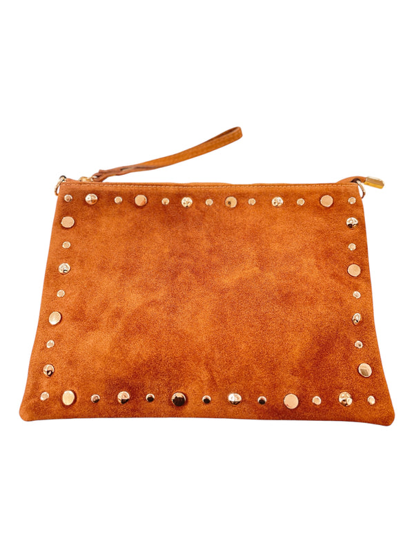 Tan Suede Studded Clutch Bag