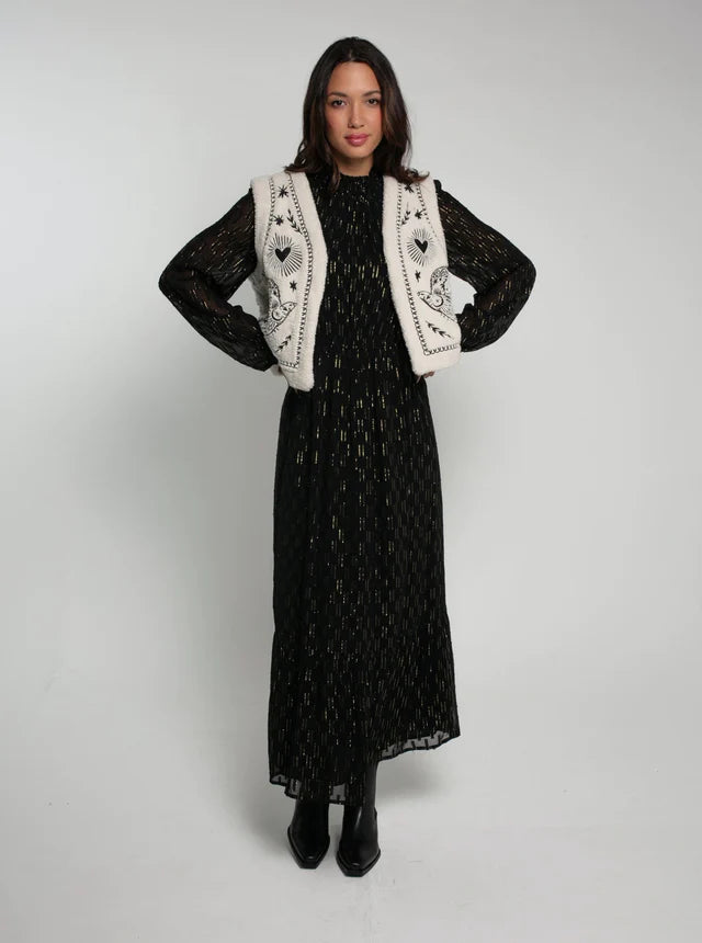 Nooki Bird Embroidered Faux Sherling Reversible Gilet in Cream