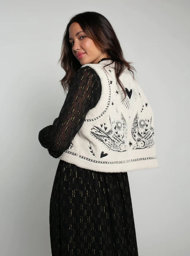 Nooki Bird Embroidered Faux Sherling Reversible Gilet in Cream
