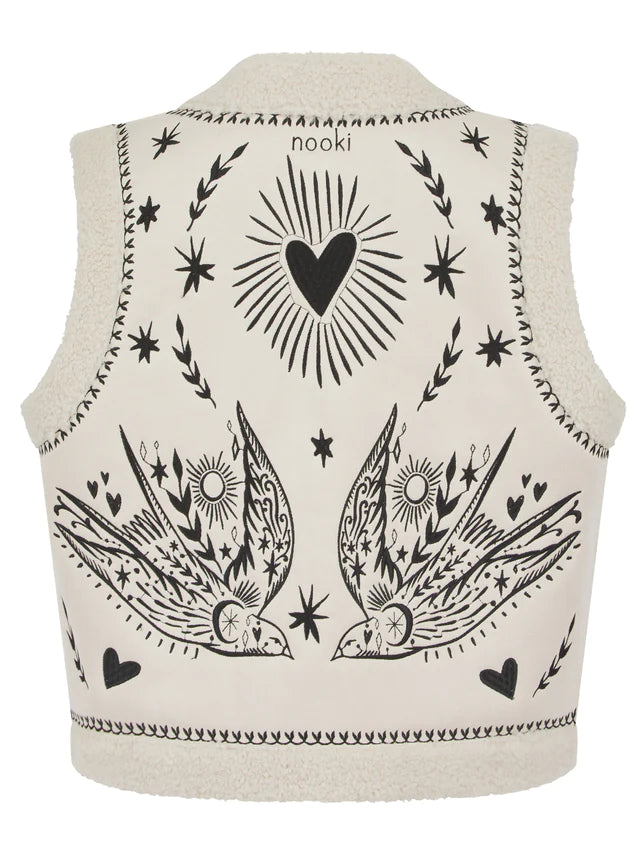 Nooki Bird Embroidered Faux Sherling Reversible Gilet in Cream