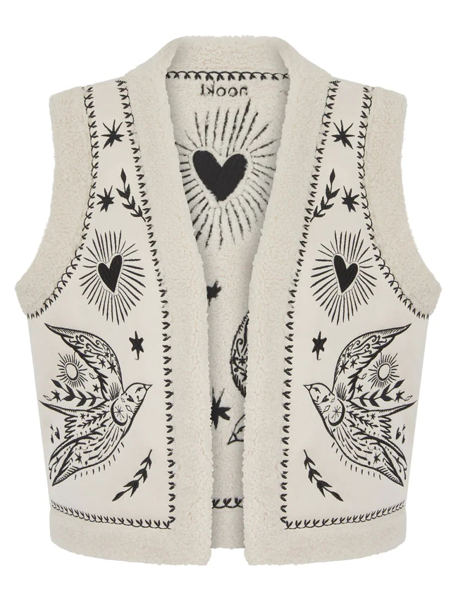 Nooki Bird Embroidered Faux Sherling Reversible Gilet in Cream