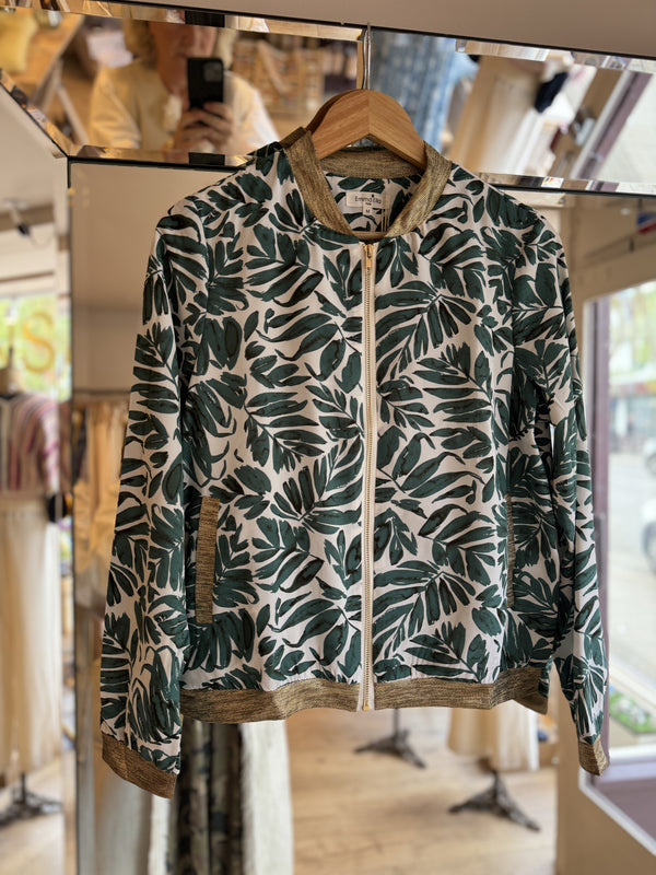 Matilda Silky Bomber Jacket / Top - Green Palm Leaves
