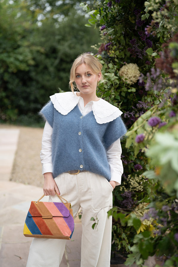 Kid Mohair Knit Sleeveless Cardigan (Blue)