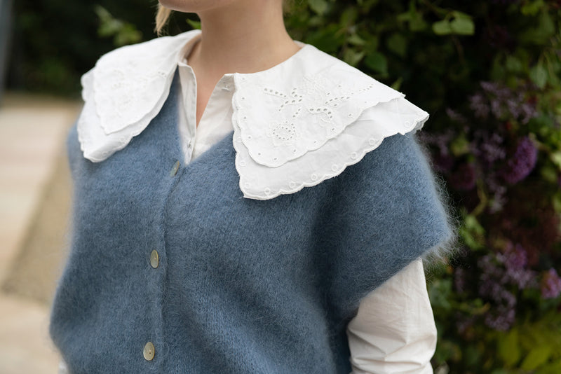 Kid Mohair Knit Sleeveless Cardigan (Blue)