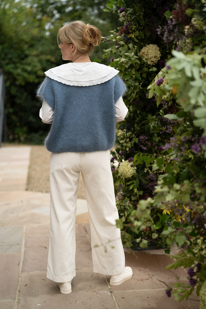 Kid Mohair Knit Sleeveless Cardigan (Blue)