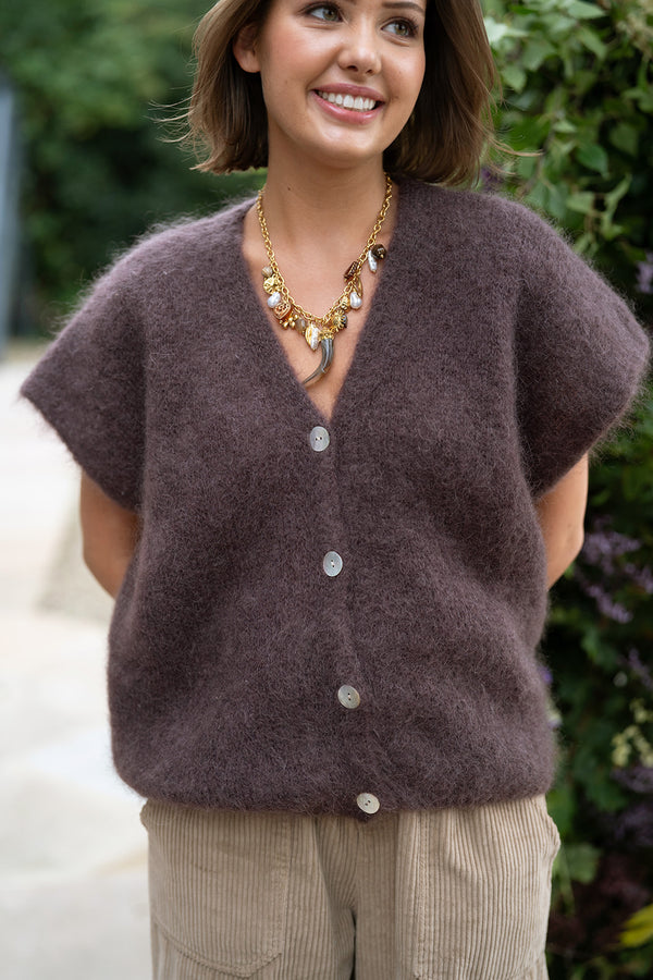 Mohair Knit Sleeveless Cardigan (Brown)