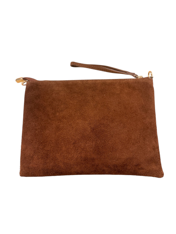 Brown Suede Studded Clutch Bag