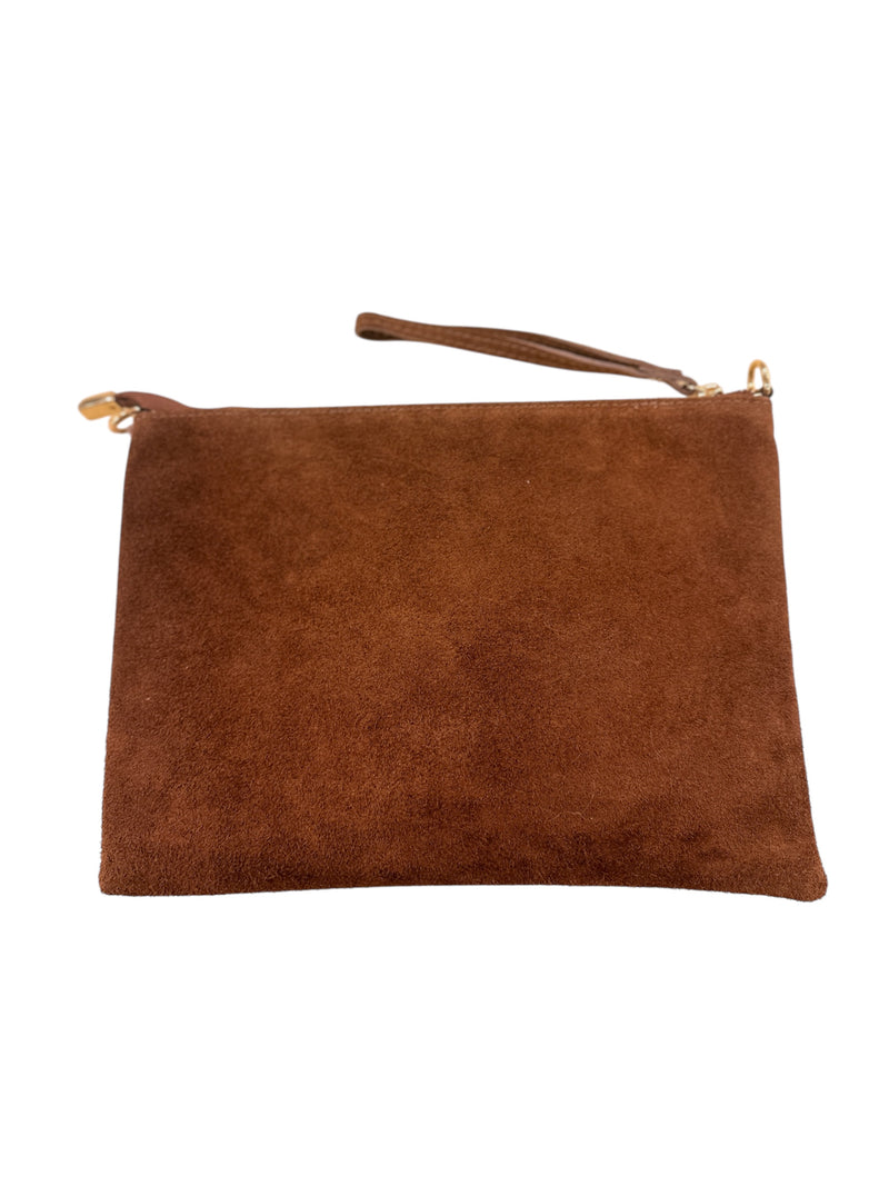 Brown Suede Studded Clutch Bag