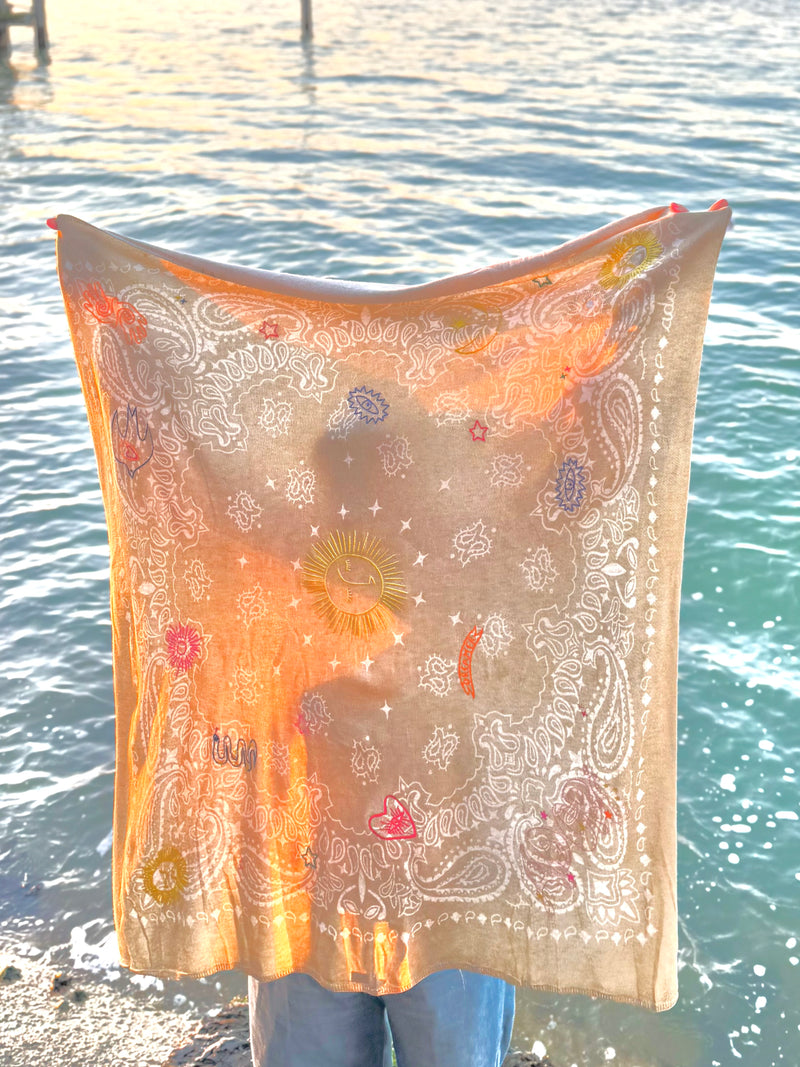 Elia Large square scarf (Light camel with coloured embroidery)