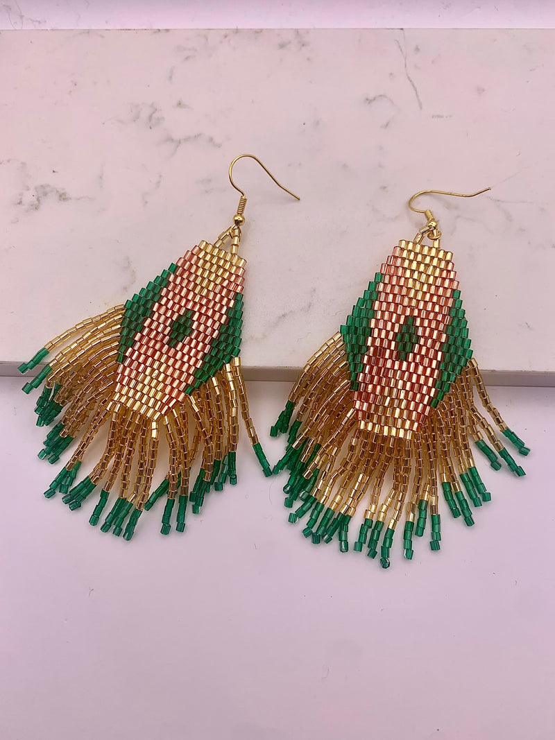 Seed Bead Green and Gold Drop Earrings