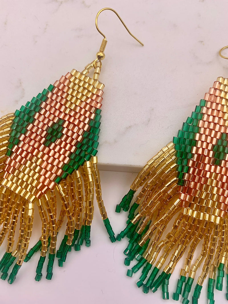 Seed Bead Green and Gold Drop Earrings