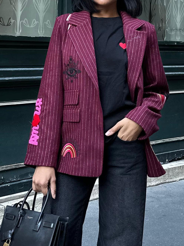 woman wearing Kate Embellished Blazer Bordeaux pinstripe blazer