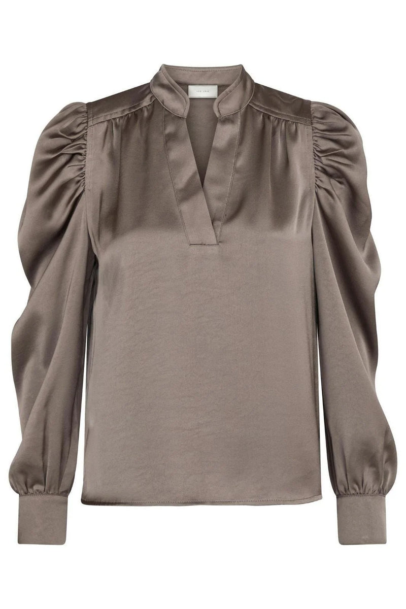 close up of Neo Noir Rosslyn Sateen Blouse Warm Grey silky grey shirt