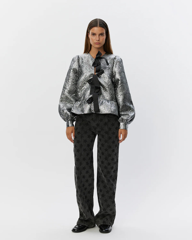 Sofie Schnoor Silver bow blouse shimmery blouse with black bows