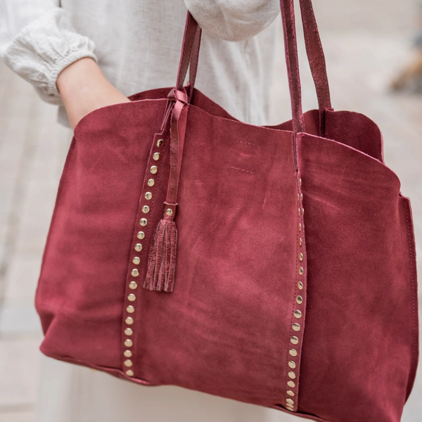 Suede tote bag with stud detail burgundy Sansom Reed