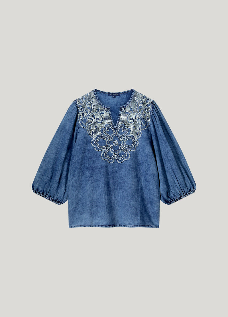 Summum Woman Denim Wash Embroidered Top