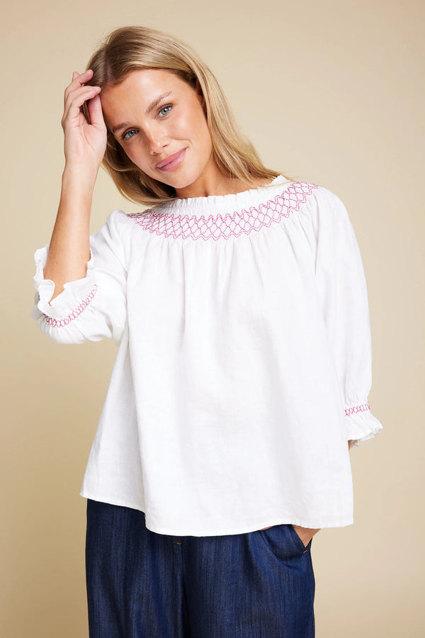 Line of Oslo Linen Smocked Shirt Pink & White