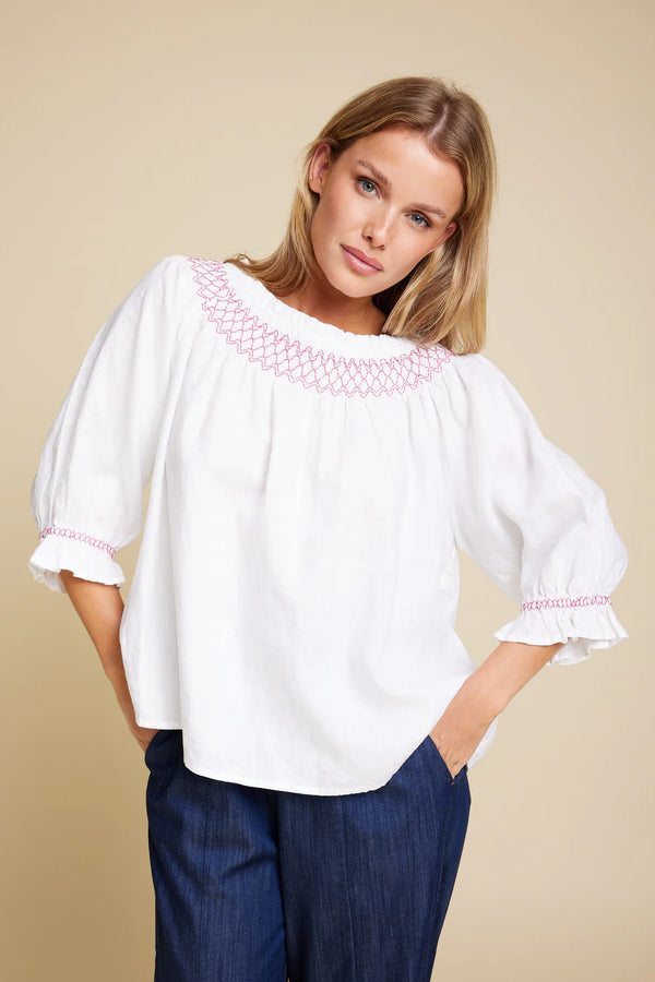 Line of Oslo Linen Smocked Shirt Pink & White