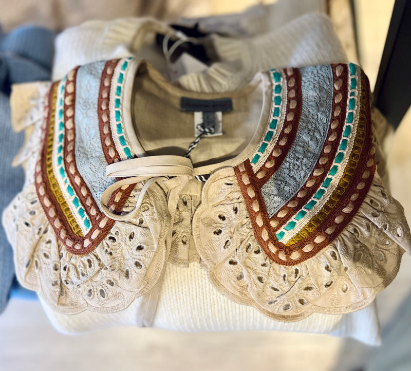 Conditions Apply Embroidered Cafe with turquoise and chocolate accented Collar