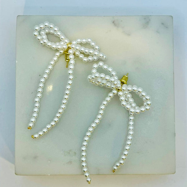 Beaded pearl ribbon bow earrings