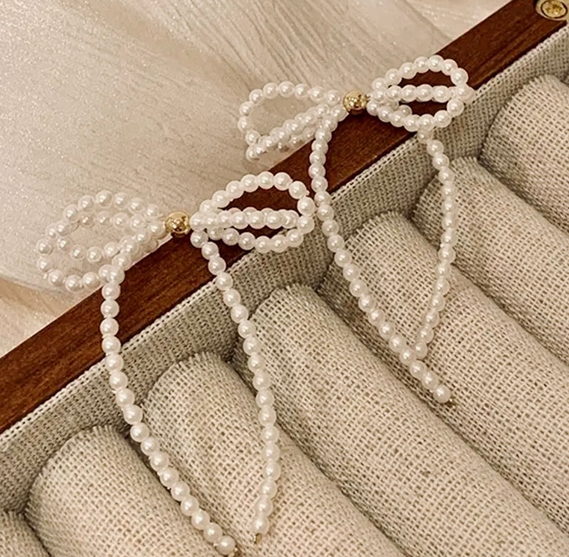 Beaded pearl ribbon bow earrings