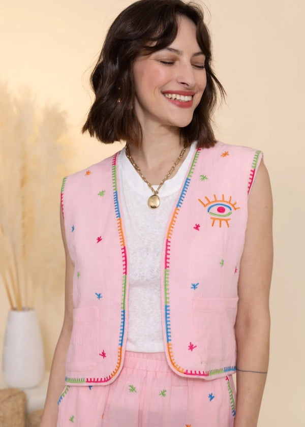 pink 100% cotton vest waistcoat with embroidery woman modelling 