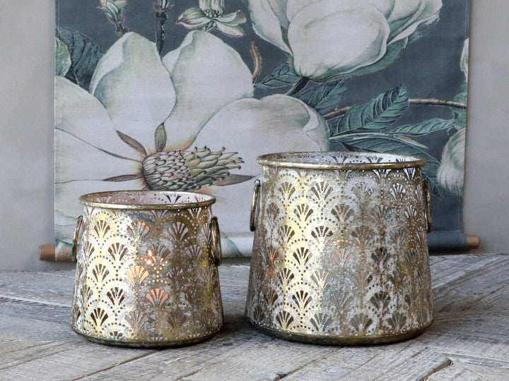 Champagne colour metal Fretwork Hurricane Lanterns (Set of 2)