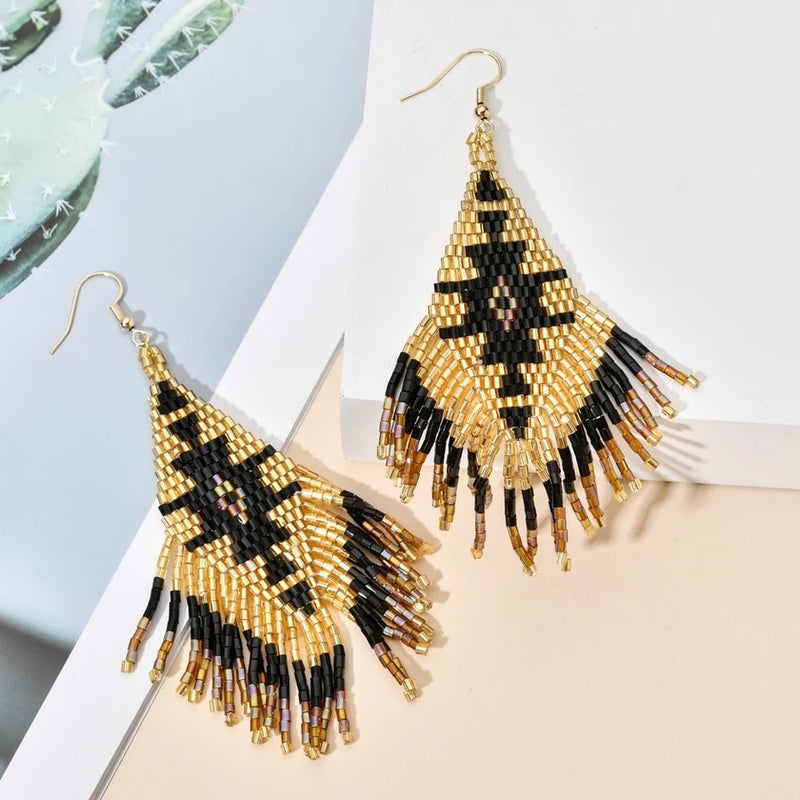 Seed Bead Black and Gold Drop Earrings
