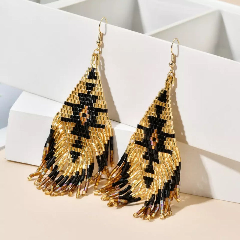 Seed Bead Black and Gold Drop Earrings