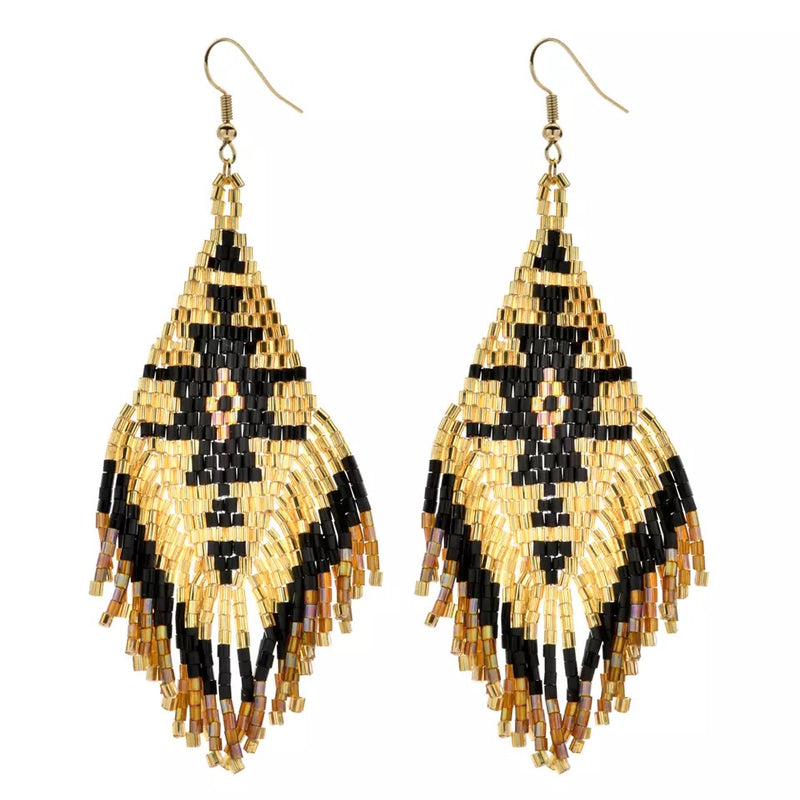 Seed Bead Black and Gold Drop Earrings