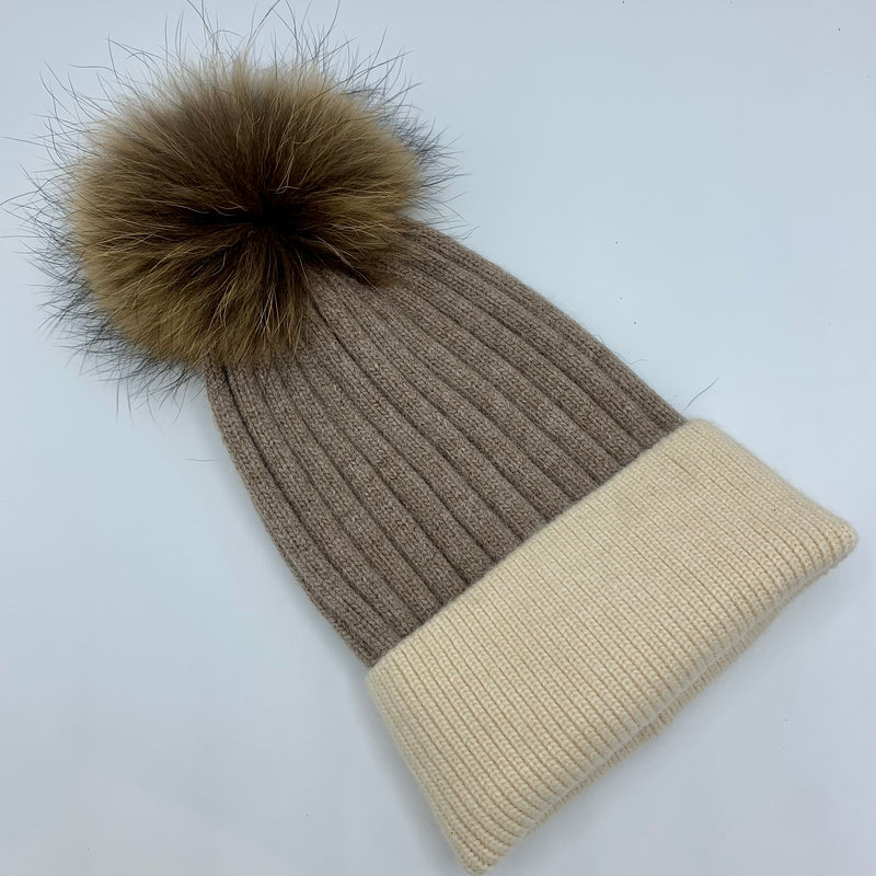 Angora Beanie Hat with Bobble - Grey and Ivory
