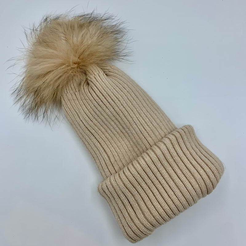 Angora Two-Way Beanie Hat with Bobble & Scarf - Sand