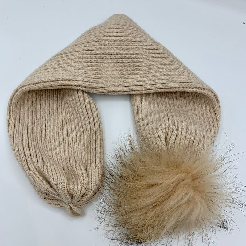 Angora Two-Way Beanie Hat with Bobble & Scarf - Sand