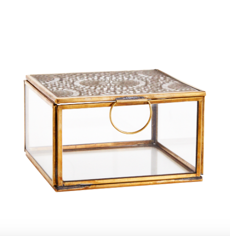 Glass and Antique Brass Box with Fretwork Top