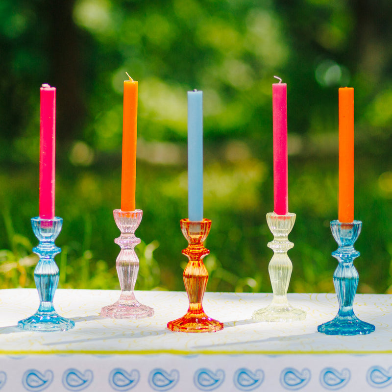 Coloured Glass Candlestick Holder - PINK
