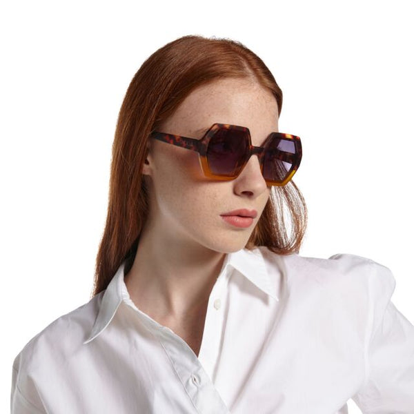 OKKIA Hexagonal Sunglasses in Brown & Amber Tortoiseshell