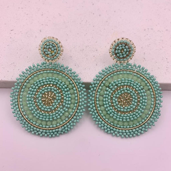 Beaded Statement Circle Earrings (White and Aqua)