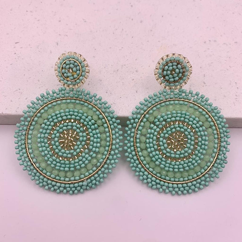 Beaded Statement Circle Earrings (White and Aqua)